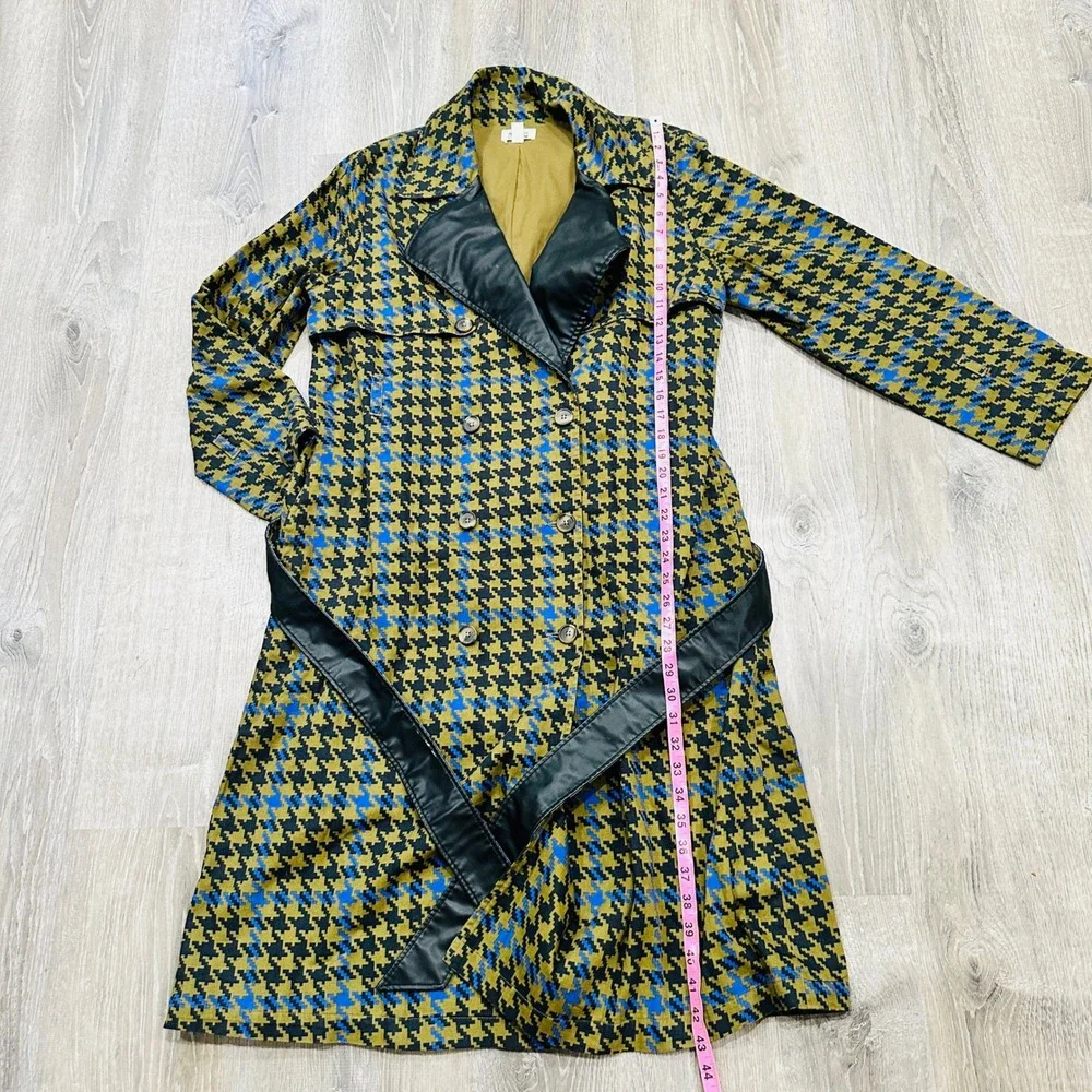 The Drop signedblake Houndstooth Trench Coat Olive Blue Faux Leather Trim M - Picture 6 of 16